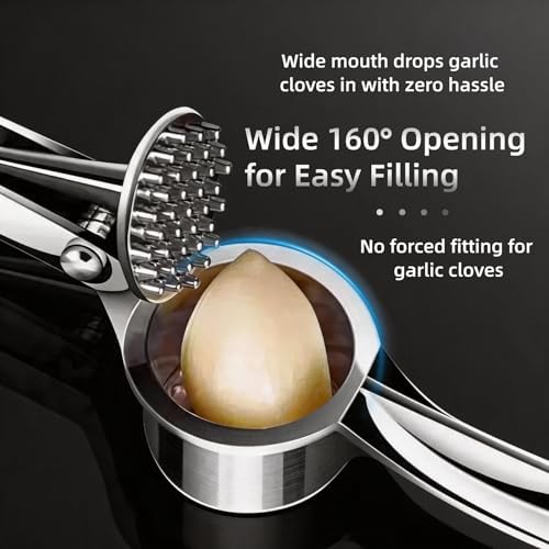 Multi-Purpose Garlic Press Nut Cracker Kitchen Tool, Large Caliber Thickened Zinc Alloy Mincer Squeezer, Precise Holes for Fine Paste, Dishwasher Safe with Peeler & Cleaning Brush (Silver - 3set)