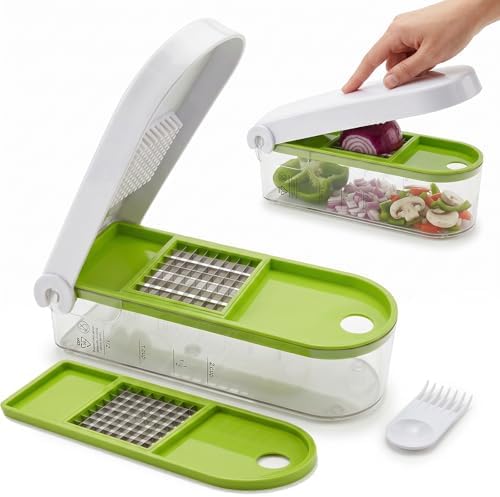 Vegetable Chopper - Manual Veggie Dicer and Food Cutter with 2 Stainless Steel Blades, 2-Cup Storage Container, Cleaning Tool - Onion Slicer, Fruit Salad Maker, Dishwasher Safe