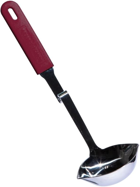Souper Cubes + Lori Greiner No Mess Stainless Steel Soup Ladle with Silicone Handle - Metal Soup Ladle with No Mess Design That Hooks on Side of Any Pot - Cranberry