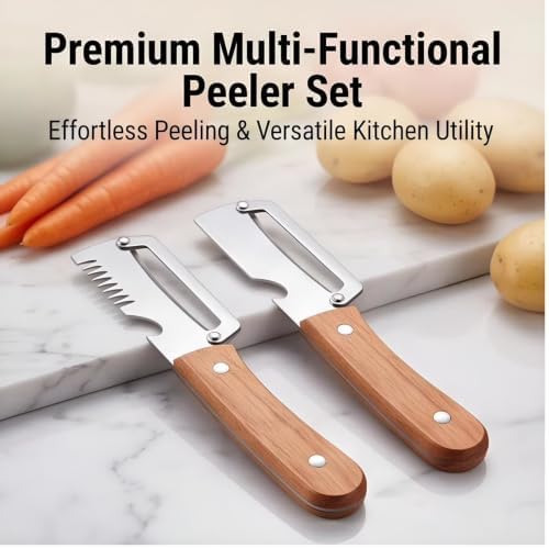 2026 Upgrade 2-in-1 & 3-in-1 Vegetable Peeler Set with Wooden Handle, Built-in Scallion Shredder & Bottle Opener, Multi-Functional Fruit & Veggie Peeler for Home Cooking