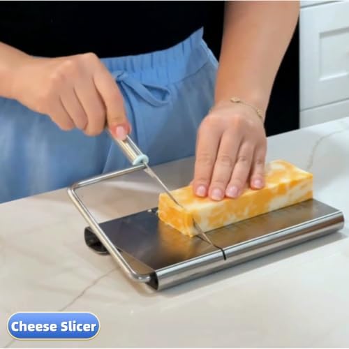 Heavy Duty Cheese Slicer for Block Cheese with 6Pcs Cheese Knife Set, Stainless Steel Cheese Cutter Board with Precise Measuring Grid and Non-Slip Feet, Dishwasher Safe