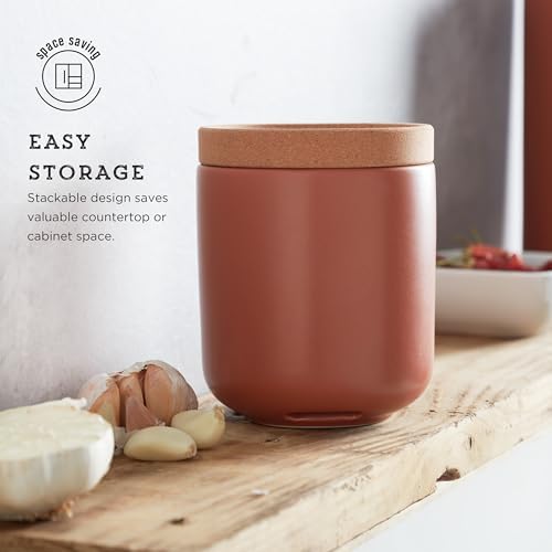 Kamenstein Ceramic and Cork Breathable Garlic Keeper to Allow Air Flow for Freshness; Stackable Space Saving Cork Lid, Natural Cork and Terra Cotta Ceramic, 4 x 4 x 5 Inch