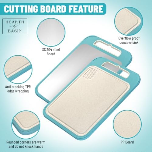 Non Plastic Cutting Board for Kitchen, 14" x 11", Double Sided Wheat Plate Stainless Steel, Scratch Resistant, Juice Groove, Non-Slip, Garlic Grater, Sourced in USA