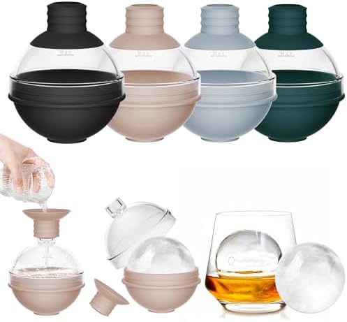 Large Ice Ball Molds for Whiskey & Cocktails with Funnel Lid - Big Sphere Ice Cube Trays for Drinks, Bourbon, and Wine, Silicone Round Ice Maker for Freezer (Set of 4) - Reusable Easy-Release Ice Tray
