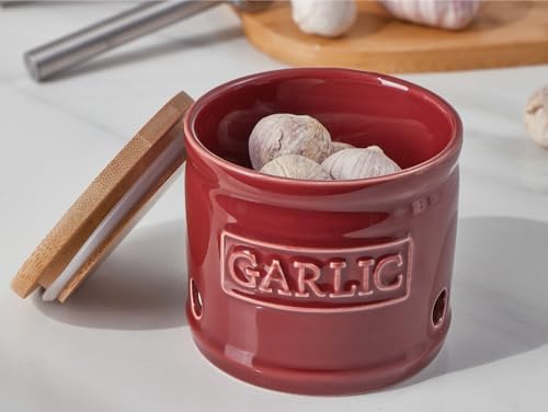 ONEMORE Garlic Keeper with Lid, Ceramic Garlic Saver 4 inch, Dark Red