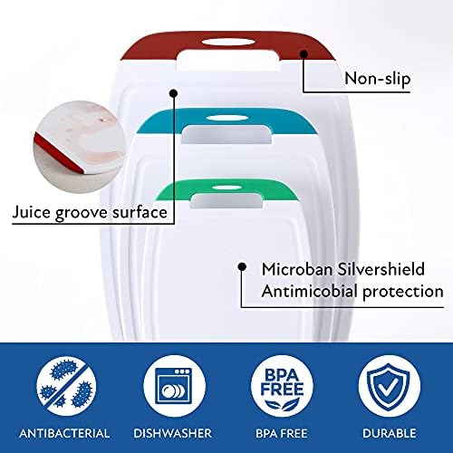 Neoflam Microban Antimicrobial Plastic Cutting Board 3 Sets, BPA Free, Non-Slip EZ Grip Handle, Dishwasher Safe, Stain & Odor Free, Reversible Board, Larger Juice Groove, Multicolor