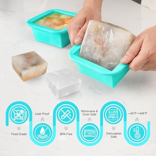 Silicone Freezer Tray with Lid 2 Pack Silicone Freezer Molds Ice Cube Tray Makes 2 Perfect 2 Cup Portions Soup Cubes Meal Prep Containers- Oven & Dishwasher Safe