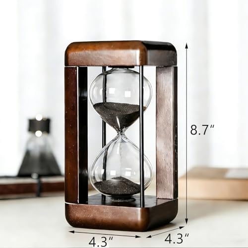 Large 60 Minute Hourglass Timer with Walnut Wood, Metal Frame, Black Sand