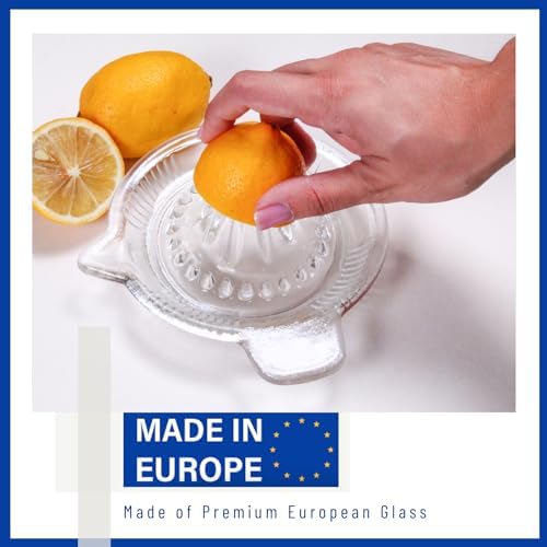 Glass Lemon Juicer, Orange, Grapefuit Manual Squeezer, Small Citrus Juicer, Extractor Manual Hand with Handle and Pour Spout, BPA Free and Lead-Free Heavyweight Crystal Clear Glass 2.02oz (Clear)