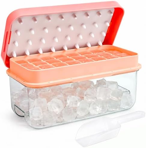 Ice Cube Tray with Lid and Scoop - Stackable Press Ice Mold Set - Silicone Ice Cube Tray with Ice Bucket & Tongs for Home, Dorm, Camping, BPA-Free Easy Release Ice Cubes - Compact Freezer Organizer
