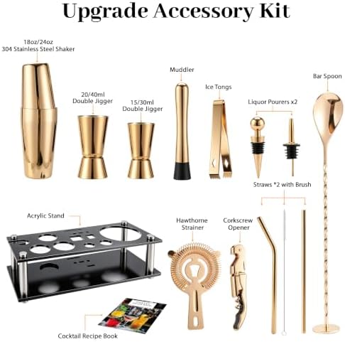 Boston Cocktail Shaker Set, 18 oz & 28 oz 2-Piece Tins, 304 Bartender Kit 15-Piece Bar Tool Set with Acrylic Stand & Recipe Book, for Novices & Pros, Home and Bar Use (Gold)