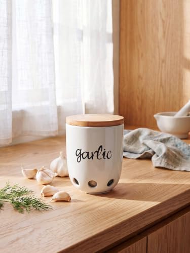 Ceramic Garlic Keeper for Counter with Wood Lid (White)