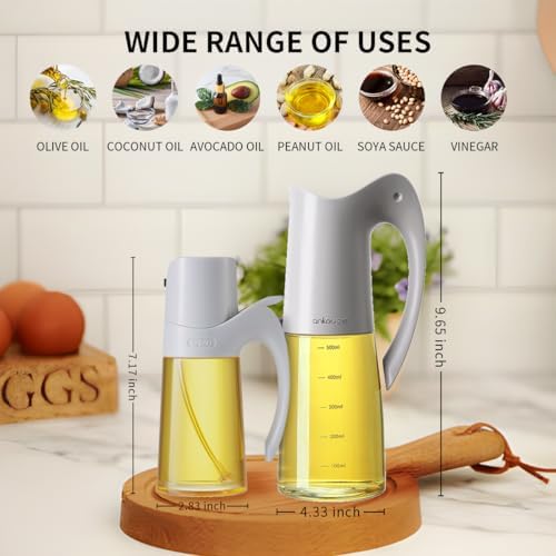 Glass Oil Dispenser and Oil Sprayer for Kitchen Cooking, Olive Oil Dispensing Sprayer Pour Set, 10oz/300ml olive oil spray bottle, 20oz/580ml Oil Dispenser Bottle with Auto Flip Cap for Salad, BBQ