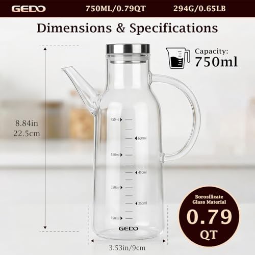 GEDO Borosilicate Glass Oil Dispenser, Eagle Beak Drip-Free Spout with Airtight Stainless Steel Lid, Measurement Markings & Ergonomic Handle, Multi-Purpose for Kitchen & Outdoor Picnic (0.79QT/750ml)