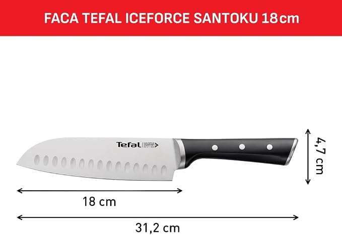 Tefal K2320614 Ice Force Stainless Steel Santoku Knife Premium Design, Long Lasting Performance,Silver/Black,- 18cm