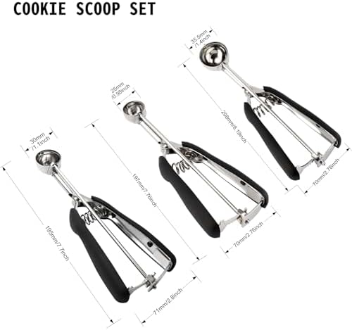 Small Cookie Scoop Set - 3 PCS Include 1 tsp / 2 tsp / 3 tsp Cookie Dough Scoop, Cookies Scoops for Baking, Made of 18/8 Stainless Steel, Good Soft Grips, Quick Trigger Release