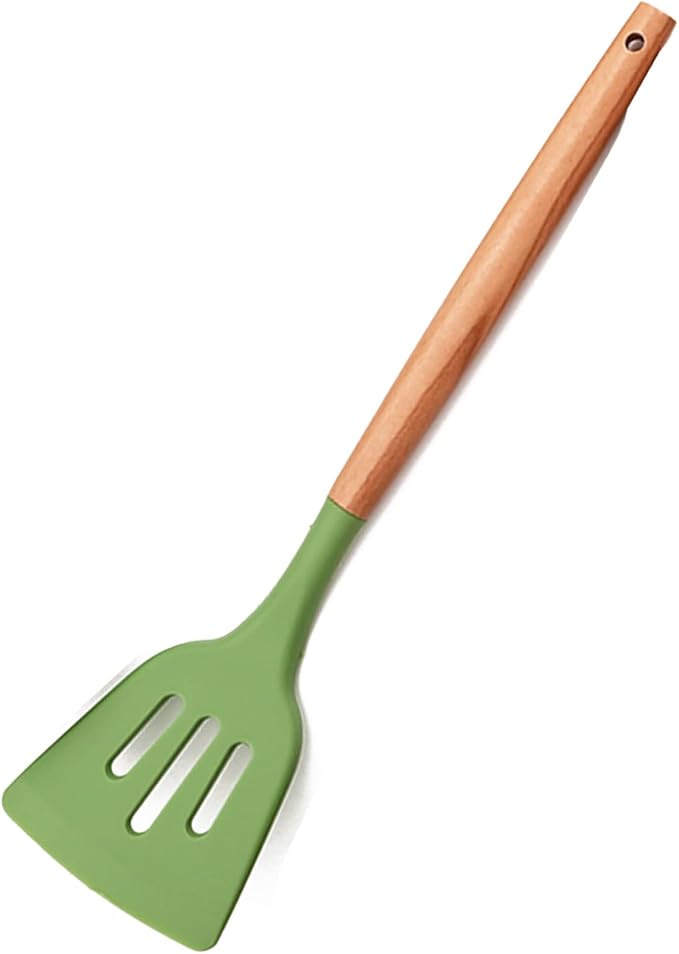1pcs Avocado Green Silicone Cooking Utensils Heat Resistant Slotted Turner,Wooden Handle, Non Stick Kitchen Spatulas for Fish Eggs Pancakes