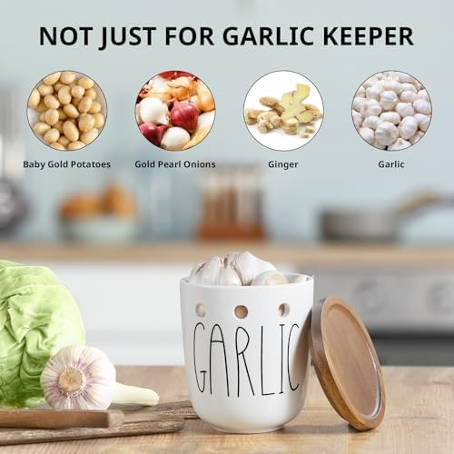 Ceramic Garlic Keeper for Counter, Garlic Holder with Acacia Wood Lid, Farmhouse Garlic Storage Container, Garlic Saver for Kitchen, White