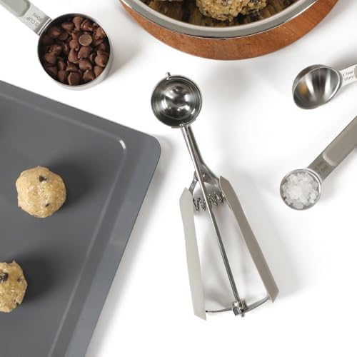Calphalon Cookie Scoop, Stainless Steel Trigger Scoop for Cookie Dough, Ice Cream & Batter, Portion Control Kitchen Scoop with Release Mechanism, Taupe
