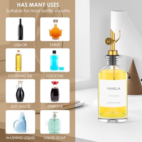 4Pack 11.8oz/350ml Oil Dispenser Bottle for Kitchen, Glass Olive Oil and Vinegar Dispenser Set, Soy Sauce Dispenser with Wooden Tray & Labels & Replacement Spouts & Pumps