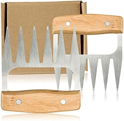 Metal Meat Claws Bear Claws Wooden Handle Stainless Steel Meat Forks Kitchen Gadgets for Shredding,Pulling,Turkey,Chicken, Stainless steel Silver