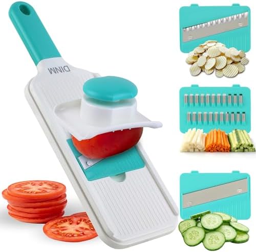 DINM Handheld Mandoline Slicer for Kitchen – Stainless Steel Vegetable Slicer with 3 Interchangeable Blades, Safety Food Holder, Potato, Cucumber & Carrot Cutter