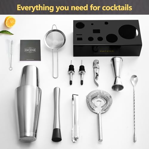 Mixology Bartender Kit with Stand, Home Bar Set Cocktail Shakers Bartending Kit, Bar Tools Boston Shaker Set, Professional Drink Mixing Martini Making Barware with Recipe Book