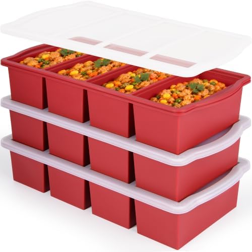 ZIP STANDING Silicone Freezer Trays with Lid,1-cup Soup Freezer Container large Ice Cube Molds with Reinforced Steel Ring Top for freezing Soup Sauce Broth Leftovers oven Dishwasher -Safe(3-Pack)