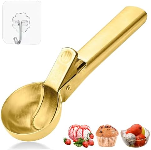Ice Cream Scoop,Portable Stainless Steel Ice Cream Scoop with Trigger and Comfortable Handle,Dishwasher Safe,DIY Ice Cream,Gelato,Sorbet,Cake Batter (Golden)