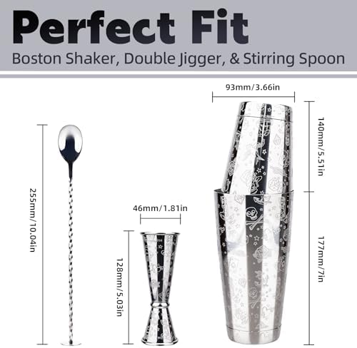 Boston Cocktail Shaker Etched Set, Jigger Spoon 17/24oz Mermaid