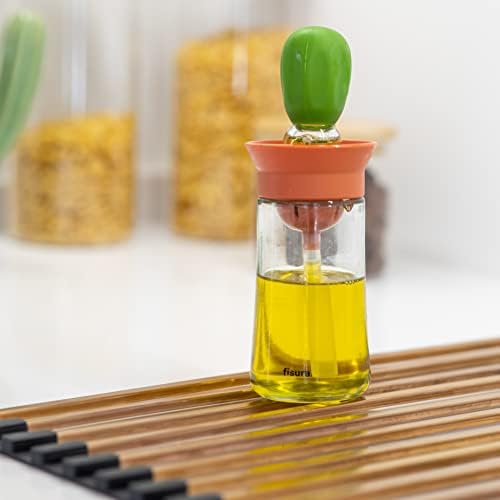 FISURA Oil Bottle with Green and Orange Brush 180ml Glass Oil Dispenser with Brush for BBQ and Kitchen Silicone and Glass