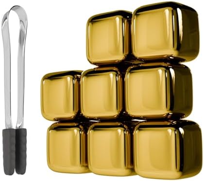 ShanSon Wine Chillers Metal Ice Cube 8 PCS Stainless Steel Whiskey Stones Reusable Whiskey Rocks Beverage Chilling Stones for Scotch and Bourbon Drinking Gifts Set for Men Dad Husband,Gold