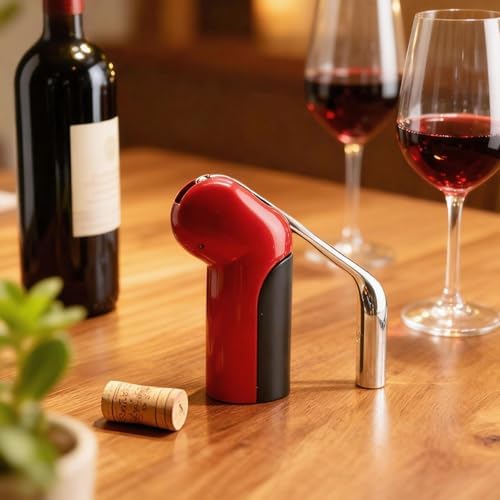 Vertical Corkscrew Wine Opener, One-Pull Manual Lever Bottle Opener with Foil Cutter, Red Easy Cork Remover for Home Bar, Parties, Gifts