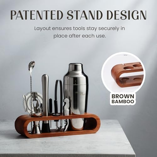 Mixology & Craft Cocktail Shaker Set with Dark Bamboo Stand - Professional 10-Piece Bartender Kit - Complete Bar Set & Cocktail Mixer Kit for Home (Silver)