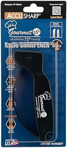 AccuSharp Gourmet Series, 15 Degree Knife Sharpener for Gourmet Knives, Diamond-Honed Tungsten Carbide Reversible Blades, Hones & Refines Straight-Edge or Serrated Gourmet Knives, Hand-Held, Black