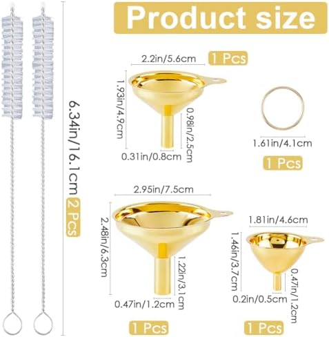 GORGECRAFT 3Pcs Small Metal Funnel Set 2.5x3in 1.9x2.2in 1.5x1.8in Golden Metal Stainless Steel Kitchen Cooking Food Grade Funnels with Cleaning Brushes for Essential Oil Spices Liquid Filling Bottles