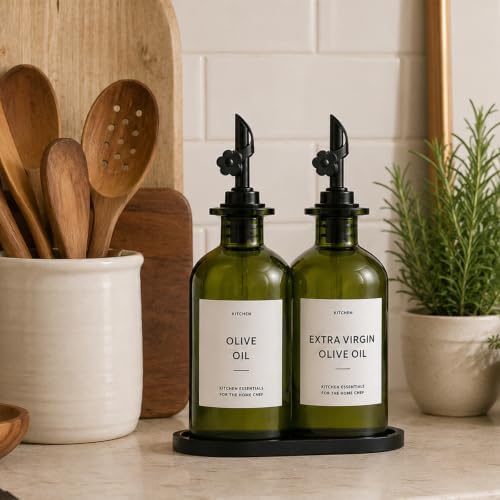 Olive Oil Dispenser for Kitchen, 2-Pack 12oz Glass Bottle with White Labels