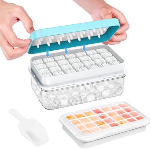 PHINOX Ice Cube Tray with Lid and Bin, Easy Release 28 Cubes for Freezer