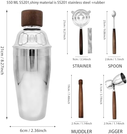 6 PCS Bar Tool Set Stainless Steel Cocktail Shaker Kit With Muddler, Double Jigger, Mixing Spoon, Strainer & Matte Round Stand Bartender Essentials Barware For Home Bar Party & Celebration
