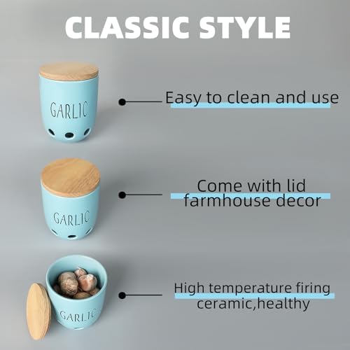 Ceramic Garlic Saver Container with Wood Lid (Turquoise)