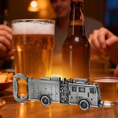 Zinc Alloy Fire Truck Bottle Opener - No Ladder Version, Beer Bottle Opener with Gift Bag, Creative Bar Accessories, Man Cave Decor, Bottle Opener Set Gift for Men Women Firefighters, Silver