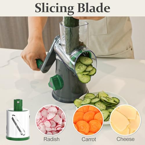 Cambom Rotary Cheese Grater Hand Crank Cheese Shredder for Fresh Cheese, Vegetable, Nuts,Non-slip Suction Base, Three Blades, Gray Green