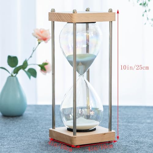 Large 60-Minute Hourglass Sand Timer,Pastel Macaron Glass & Natural Oak Wood Base, Modern Minimalist Office Home Desktop Decor (Macaron White)