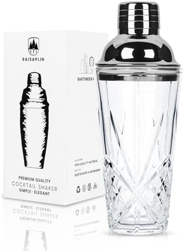 Glass Cocktail Shaker Set with Built-in Strainer - 14 ounces Martini & Margarita Mixer Bartender Tools for Whiskey, Beverages, Coffee, Durable Crystal clear Shaker Cup for Party, Home Bar & Gifts