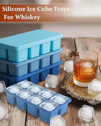 Large Silicone Ice Cube Trays with Lids, ZDPMK 3 Pack Large Ice Cube Molds for Whiskey, Easy-Release 2 Inch Square Big Ice Cube Molds for Freezer, Cocktails, Iced Coffee, Dishwasher-Safe