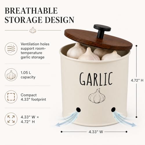 Garlic Keeper for Counter with Wooden Lid - Nordic Design Garlic Storage Container with Handle, Kitchen Organizer Jar, Housewarming Gift for Home Decor