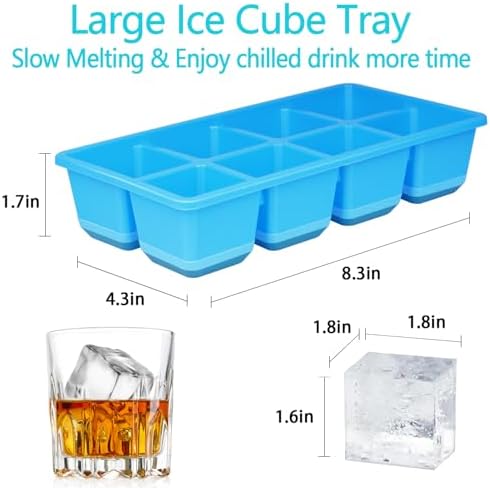 Large Ice Cube Trays 2 Pack, Silicone Easy-Release and Flexible Ice Cube Molds with Lids,1.8" Big Square Cubed Ice Trays for Whiskey and Cocktail, BPA Free and Dishwasher Safe (Blue)