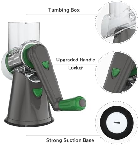 Cambom Rotary Cheese Grater Hand Crank Cheese Shredder for Fresh Cheese, Vegetable, Nuts,Non-slip Suction Base, Three Blades, Gray Green