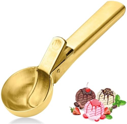 Ice Cream Scoop,Portable Stainless Steel Ice Cream Scoop with Trigger and Comfortable Handle,Icecream Scoop Spoon Perfect for DIY Ice Cream,Fruit,Cookie (golden)