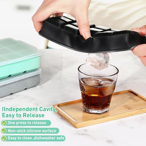 Silicone Ice Cube Tray with Lid, 3 Pack Easy-Release Flexible 15 Ice Cube Molds, Stackable Ice Trays for Freezer, Square Ice Maker Tray for Cocktail, Whiskey, Juice, Baby Food, BPA Free
